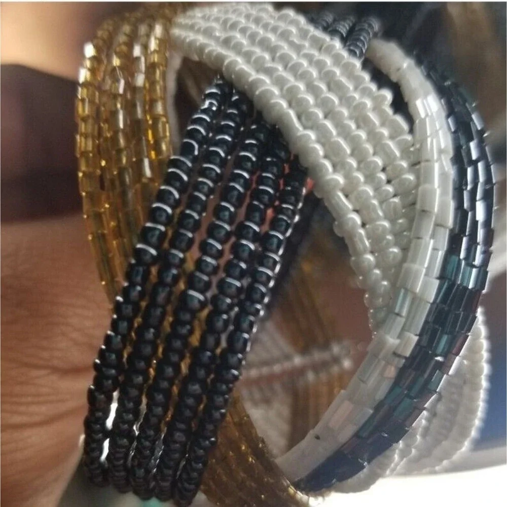 VTG‎ White, Gold, Black Tone Bracelet Twisted Beaded Cuff Band Wide Retro Bangle